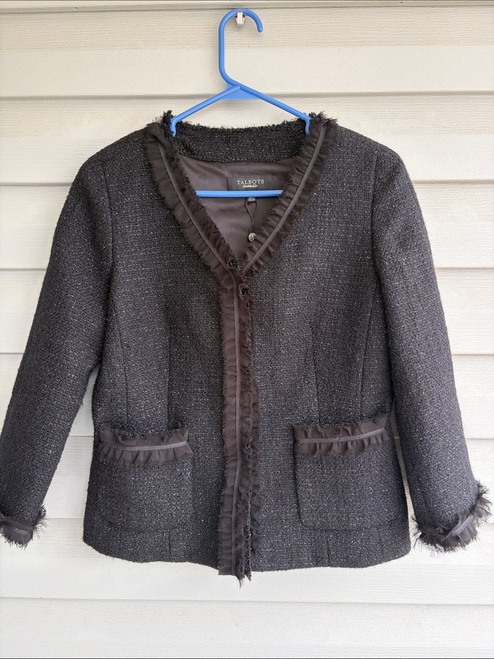NWT Talbots black Tweed Blazer with Ruffle Trim